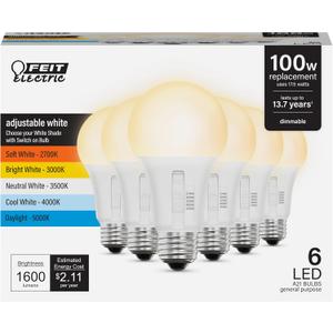 Feit Electric A21 LED Light Bulb, 100W Replacement, Dimmable, Selectable Color Temperatures (2700K-5000K), 1600 Lumens, General Purpose Light Bulbs, 15,000-Hour Lifetime, OM100DM/5CCTCA/LED/6, 6 Pack