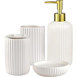 White Bathroom Accessories Set, 4PC Ceramic Bathroom Sets Complete-Toothbrush Holders, Soap Dispenser, Soap Dish, Toothbrush Cup, Modern White Gold Bathroom Decor, Bathroom Organizer for Countertop