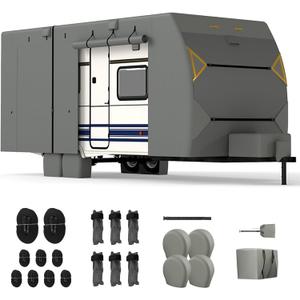 RV Covers for Travel Trailers, 30-33ft Heavy Duty Camper Cover, 7 Layers Extra-Thick Waterproof Toy Hauler Cover with 4 Tire Covers, Jack Cover and Wind Straps