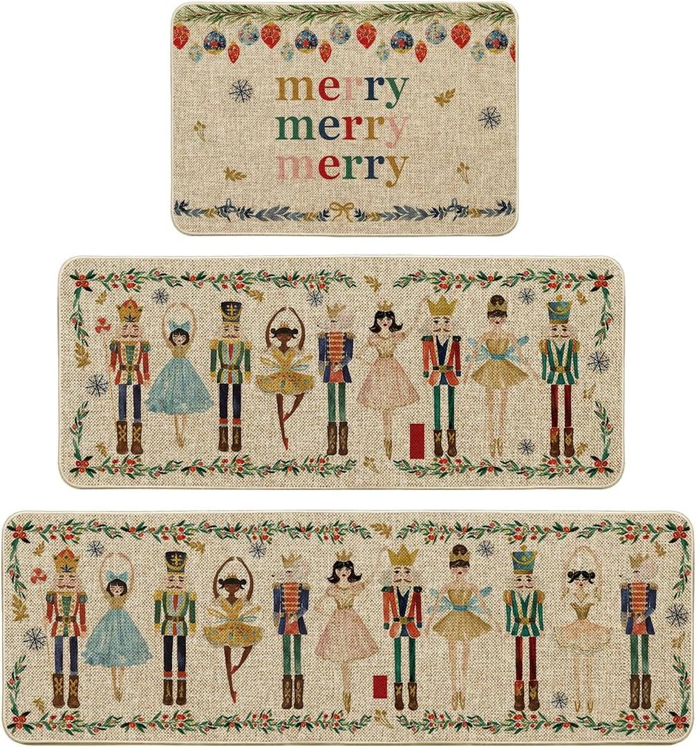 Artoid Mode Watercolor Nutcrackers Merry Christmas Decorative Kitchen Mats Set of 3, Home Party Low-Profile Kitchen Rugs - 24"x35"+24"x59"+24"x72" (Beige)