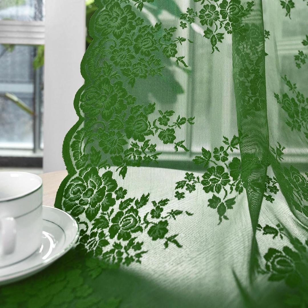 36 Inch Length Emerald Green Sheer Curtains Short 2 Panels Set Country Rustic Floral Hunter Green Lace Kitchen Window Curtains Over Sink, Rod Pocket Privacy Forest Green Lace Caf Curtain, 42x36 Inch
