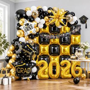 Graduation Balloon Arch Kit 2026, 116Pcs Black and Gold Graduation Balloons 2026 with Square Foil Balloons Wall, Photo Banner, 2026 Number Balloons for Class of Graduation Party Decorations