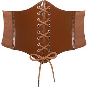 LEACOOLKEY Lace-up Cinch Belt Women Corset Waist Belt Tied Corset Elastic Belt Wide Belt for Women Dress Halloween(Fit Waist Size 32"-36", H-bright Brown)