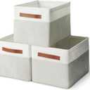 Amazon Basics Collapsible Storage Bins with Leather Handles, Linen, Large, Pack of 3