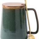 24 OZ Extra Large Ceramic Coffee Mug with Spoon and Wooden Lid Big Jumbo Tea and Coffee Cup with Large Handle for Office and Home Dishwasher and Microwave Safe (Olive Green)