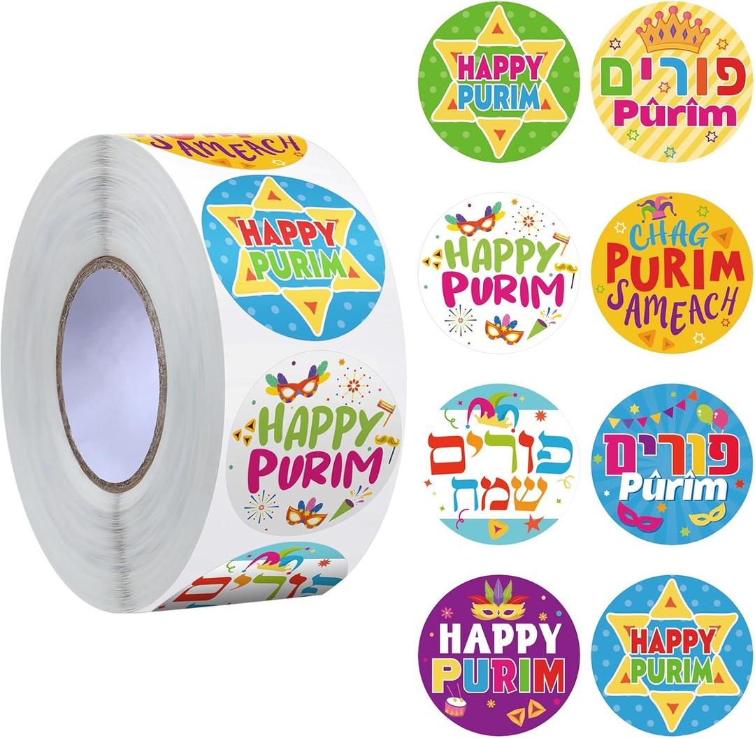 Fuutreo 1000 Pieces Happy Purim Sticker Roll 8 Styles Religious Jewish Gifts Mishloach Manot Sticker Bulk Chag Purim Sameach Self-Adhesive Label Decorations for Carnival Party Favors Gift Bag Decor