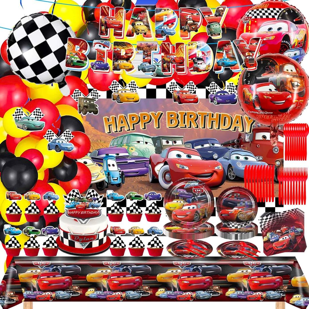 Cartoon Birthday Party Decorations Set with Balloon Arch Kit, Backdrop, Paper Tableware, Tablecloth, Banner for Adult, 10 Guest