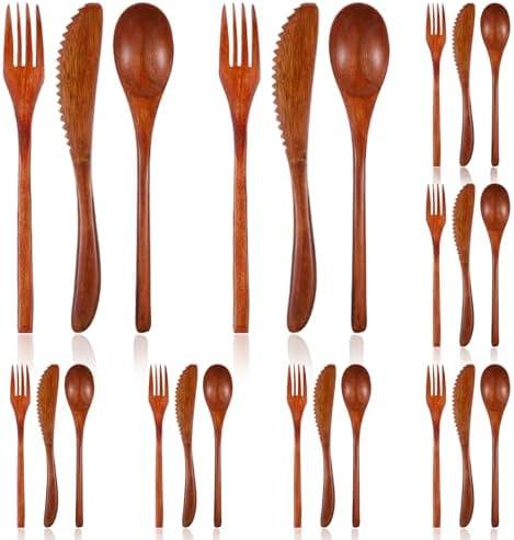 24 Pieces Wooden Utensil Set for Eating, Eco-Friendly Travel Cutlery Set for Camping Cutlery - Includes Wood Forks and Spoons Knife for Forking the Steak and Scooping the Soup