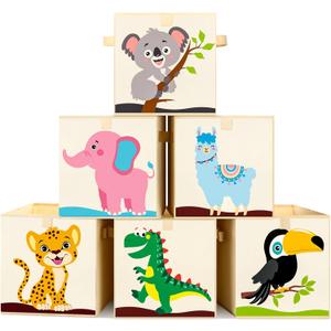 Kigley 6 Pcs Collapsible Cube Storage Bins Kids Foldable Storage Cube Organizer Fabric Toy Box Decorative Kids with Handles for Home Nursery Bedroom, 10.6 x 10.6 Inch(Classic Animal)