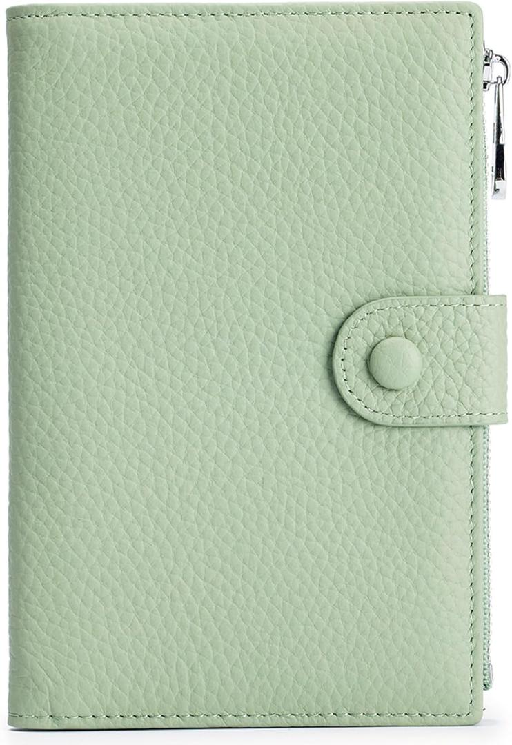 RFID Blocking Passport Wallet for Women, Slim Leather Passport Holder, Compact Travel Wallet with Zippered Coins Pocket and SIM Slots, Ladies Passport Cover (Light Green)