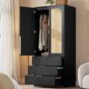 GarveeHome Armoire Wardrobe Closet, 69.5 in Wooden Wardrobe Cabinet with 3 Drawers, Hanging Rod, 2 Doors Clothing Storage Cabinet for Bedroom, Large Capacity Storage, Rattan Door, Black