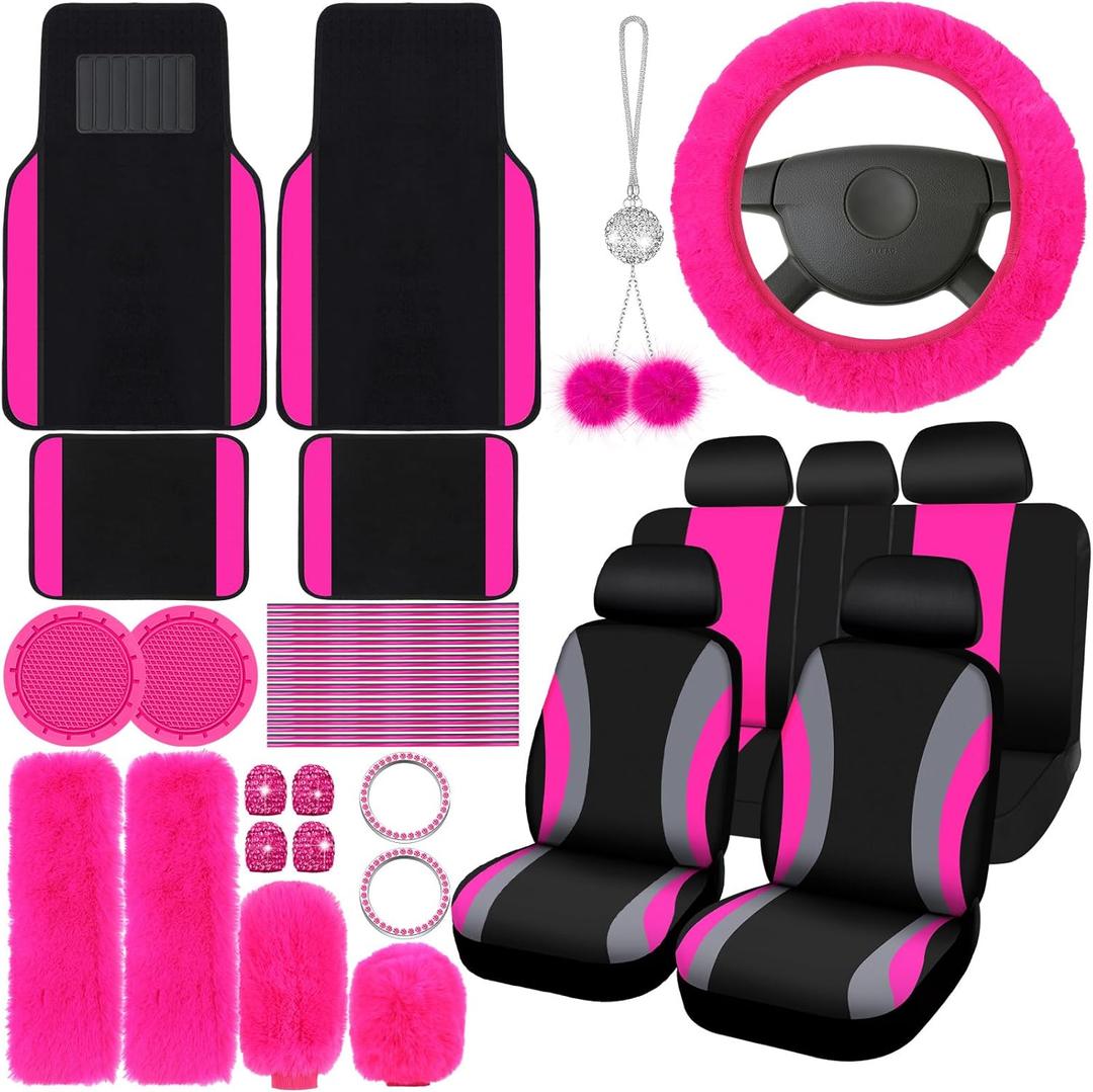 ROCEEI 47 Pcs Car Seat Cover Full Set Car Accessories for Front Rear Seat Fluffy Steering Wheel Cover Belt Automotive Floor Mats Air Conditioner Decoration Strip (Rose Pink)