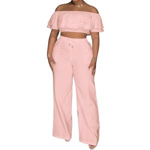 Adogirl 2 Piece Outfits For Women Off Shoulder Ruffle Trim Short Sleeve Top Wide Leg Pants Sets Sexy Outfits Pink L