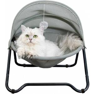Cat Hammock Bed Elevated cat Bed, Comfortable and Breathable Pet Bed with Awning and Plush Toy, No-Tools Assemble, Cover Removable and Washable, Suitable for Indoor and Outdoor Use (Grey)