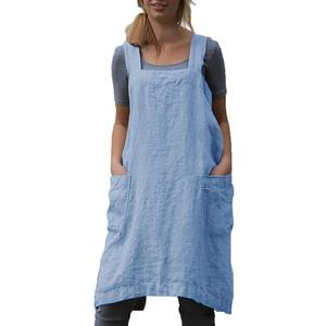 Women's Pinafore Apron Cross Back Apron with Pockets Cotton Linen Apron Dress Plus Size (Light Blue) S