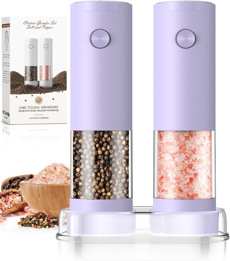 Salt and Pepper Grinder Set Gifts for Women Automatic Battery Pepper Mill Shakers Kitchen Accessories Cooking for Mom, Adjustable Coarseness Salt Pepper Shakers Family Gifts Ideas (Purple)