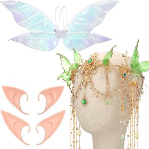 Norme 4 Pcs Halloween Elf Fairy Accessories Set Renaissance Women Fairy Crown Butterfly Wing Elf Ears Adult Medieval Cosplay (Green)