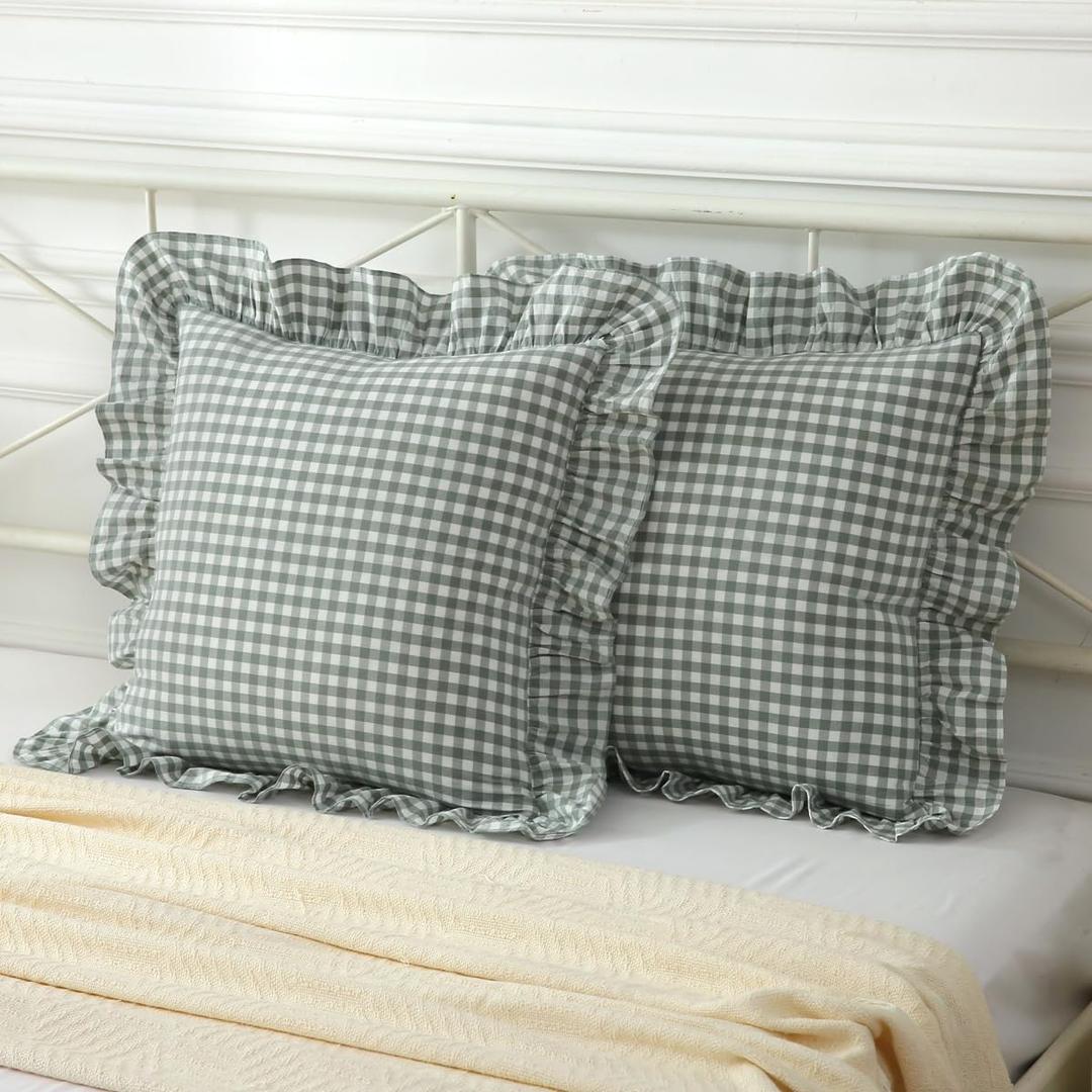 Mywinlle 2 Pack Vintage Green Plaid Ruffle Euro Shams,Washed Cotton Checkered Gingham Pillow Covers 26"x26" for Sofa,Couch,Bed and Living Room