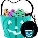 Light Up Teal Pumpkin Halloween Felt Trick or Treat Bucket, with Blue LED lights, Halloween Party Favors, Halloween Snacks, Goodie Bags for Kids, Novlety Gifts