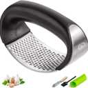 Garlic press rocker, crusher, mincer tool stainless steel with a Garlic Peeler, spatula, and Brush extract more Garlic Paste. The Garlic Mincer Tool Squeezes, Extracts, Crushes