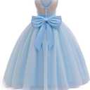 Girls Sequin Tulle Dress Formal Pageant Sparkly Birthday Party Wedding Guest Ball Gown Dresses with Bow (Blue, S)