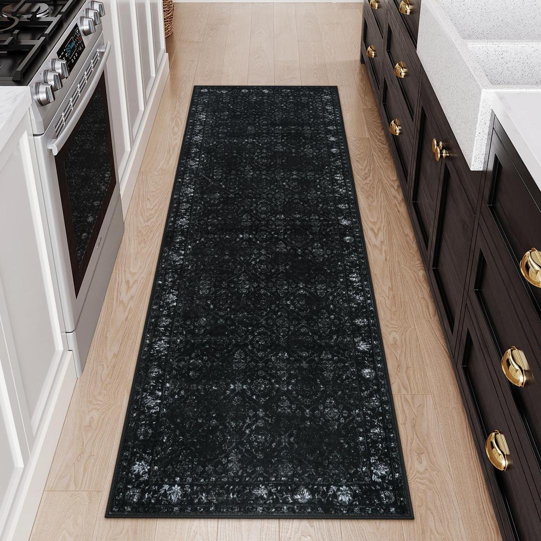 Vintage Kitchen Runner Rug 2'x6', Runners for Hallways Non Slip Washable Runner Rug, Ultra-Thin Soft Carpet Runners for Hallway 6 ft Runners for Entryway Bedroom (Black)