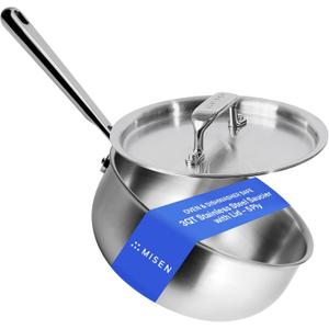 Misen 5-Ply Stainless Steel Saucier with Lid Induction-Compatible Pan with Curved Sides for Smooth Stirring - Oven Safe to 800F Even Heat Distribution & Ergonomic Handle - 3 QT