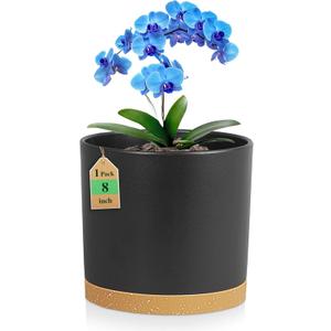 8 Inch Cylinder Plant Pots for Indoor Outdoor Plants, Medium Deep Flower Pots with Drainage Holes & Saucer, Decorative Plastic Planter Pots for Garden House Plants, Black with Brown