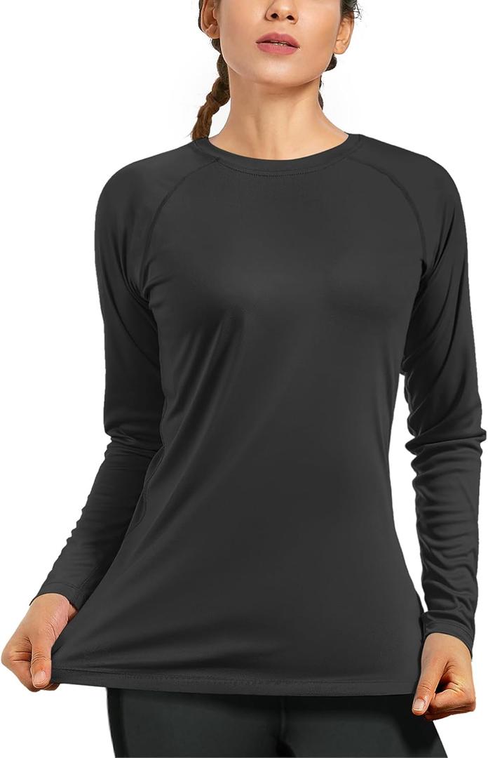 isnowood Women's Sun Protection Long Sleeve Shirts, UPF 50+ UV Rash Guard Swim Shirt, Workout Hiking Running Athletic Tops (Large, Black)