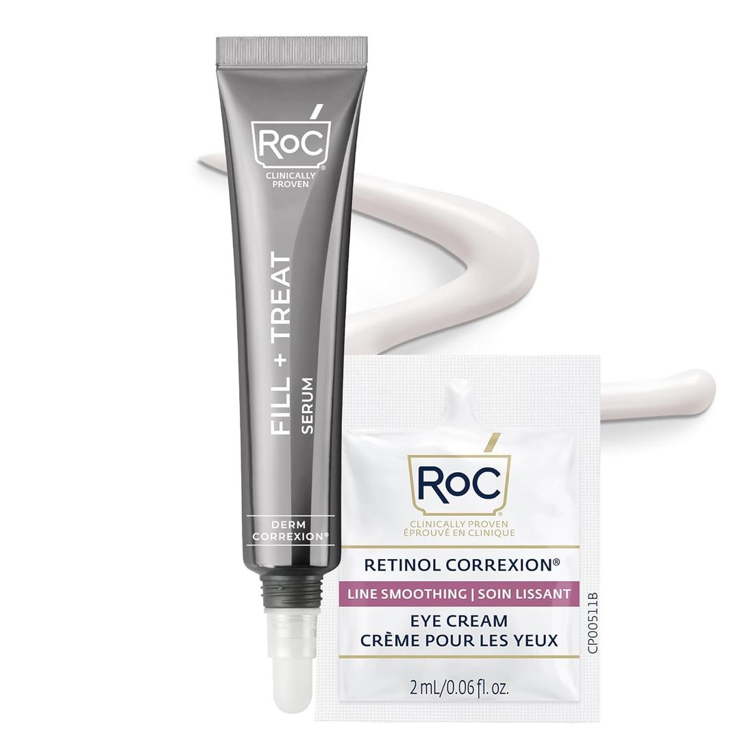 RoC Derm Correxion Fill + Treat Advanced Retinol Serum, Wrinkle Filler Treatment with Hyaluronic Acid for Crow's Feet, 11 Wrinkles, & Laugh Lines, (.5 fl oz) with Retinol Packette