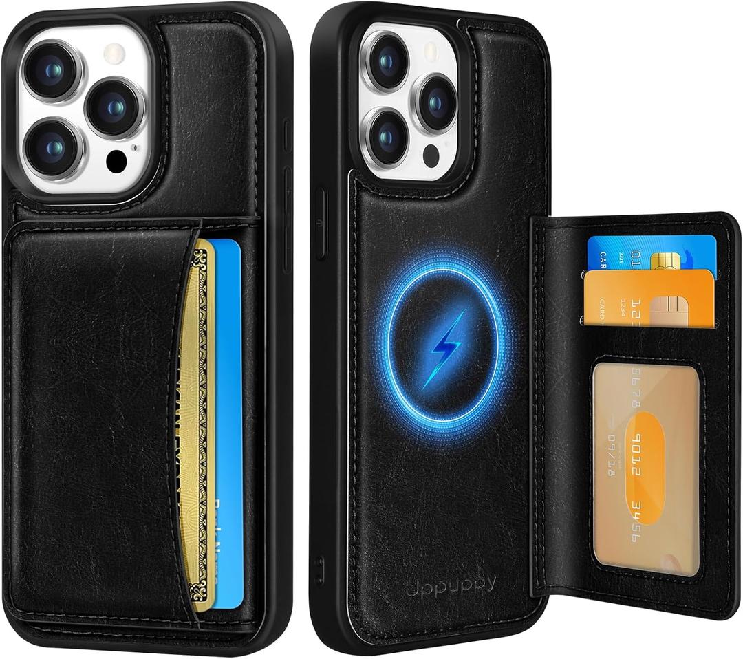 Uppuppy for iPhone 14 Pro Case with Wallet - Fits 4 Card Slots, Compatible with MagSafe for Women Men Men Durable PU Leather Credit Card Holder Kickstand Phone Cover for Apple 14 Pro, Black