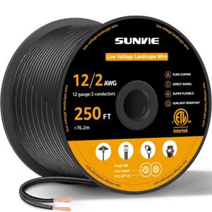 SUNVIE 12/2 Low Voltage Landscape Wire 250FT with Spool Outdoor Landscape Lighting Cable 12 Gauge 2 Conductors Low Voltage Wire for Landscaping Lights, ETL Listed, Pure Copper, Direct Burial
