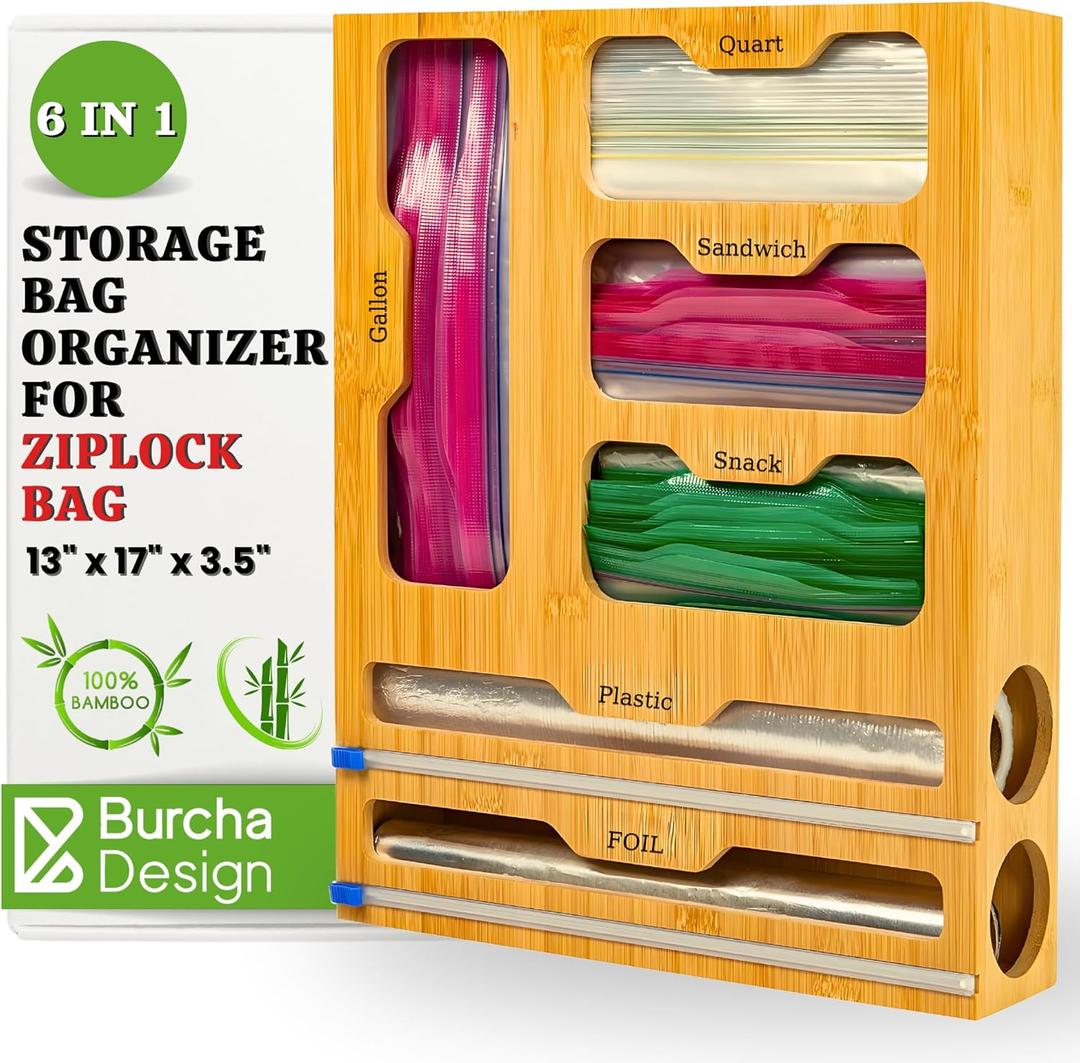 Burcha 6-in-1 Storage Bag Organizer for Ziploc Bag, Sandwich Bag Organizer for Kitchen Drawer and Wall Mount, Bamboo Foil and Plastic Wrap Organizer with Cutter, For Gallon Quart Snack (17 X 13 X 3.5)