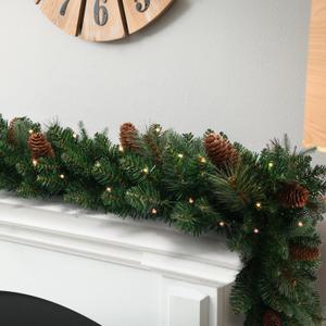 9FT Christmas Garland with Pine Cones, Prelit Christmas Garland Greenery Outdoor Lighted Pine Garland, Mantle Garland Christmas Holiday Decoration Indoor (Dark Green)