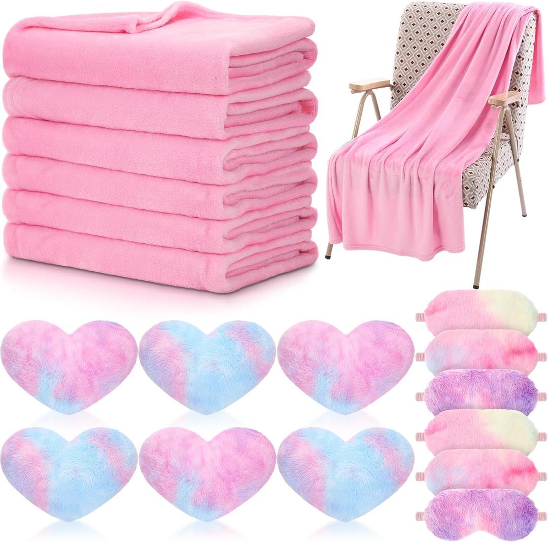 Set of 18 Kids Sleepover Party Supplies Set for Girls Fleece Soft Blankets Fluffy Heart Throw Pillow Plush Sleep Eye Mask for Spa Camping Birthday Favors (Light Pink, Rainbow Colors) (12 11inch)