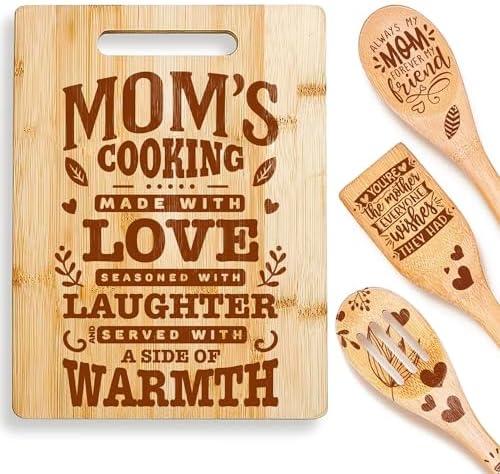 Riviera Bamboo Wood Cutting Board with Wooden Spoons For Cooking, Mothers Day Gifts for Mom – Set of 3 Cooking Spoons as Mother's Day Gifts With Bamboo Cutting Board – Complete Mother Gifts