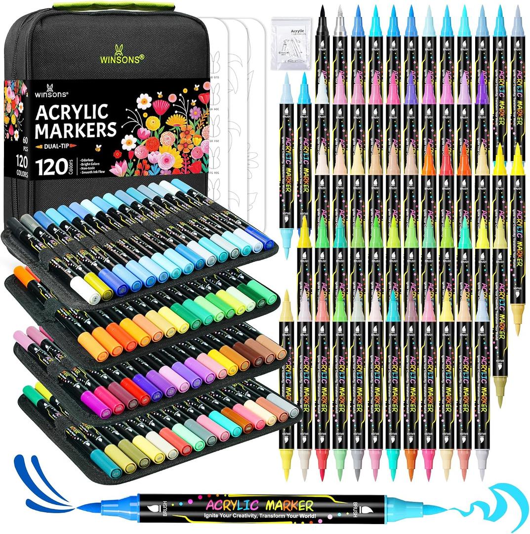 WINSONS 120 Colors Acrylic Paint Markers, Permanent Dual-Tip Acrylic Markers Set, Soft Brush Tip Paint Pens for Rock Painting, Canvas, Glass, Wood, Ceramic, DIY Craft Art Supplies, Set of 60