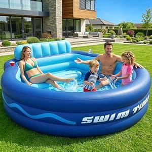 Inflatable Pool with Seats and Headrest,Oversized Thickened Large Blow Up Pool for Audlt,Inflatable Backyard Pools for Adult,Durable Swim Center Inflatable Family Lounge Pool 90"90"20"-Navy