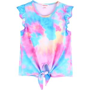 JESKIDS Girls Short Sleeve Shirts Ruffle Tie Front Unicorn/Tie Dye Print Summer Tee Tank Tops 3-11 Years (Blue)