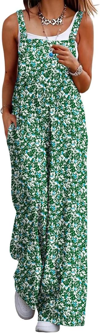 Womens Summer Casual Jumpsuits Baggy Wide Leg Floral Overalls Rompers for women 2025 With Pockets (L)