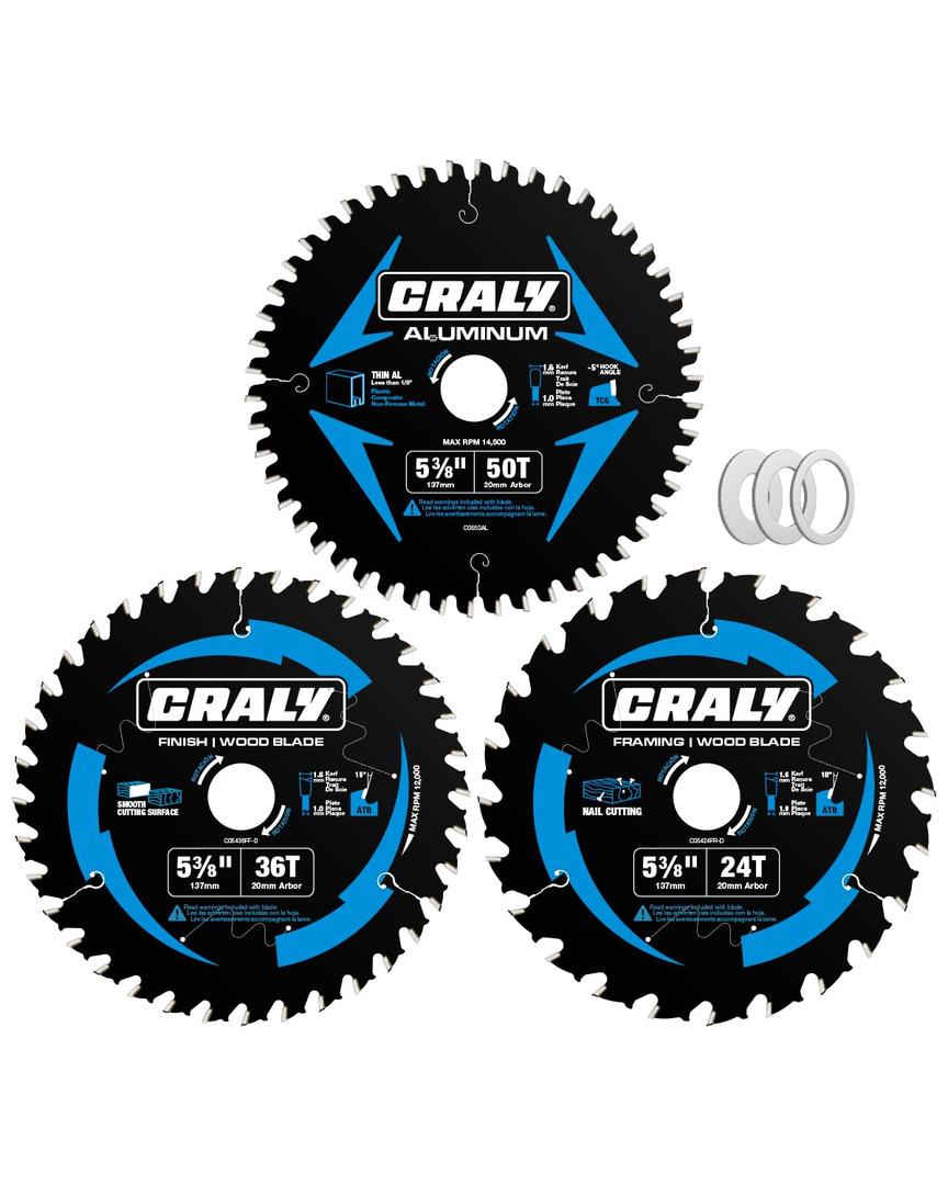 CRALY 5-3/8 Inch 24&36T Wood Framing/Finish & 50T Aluminum Cutting Circular Saw Blade, 20mm Arbor, Carbide Tipped, Thin Kerf, Black Ice, for Wood, Aluminum, Plastic, 3-Pack(C054243650-3D)