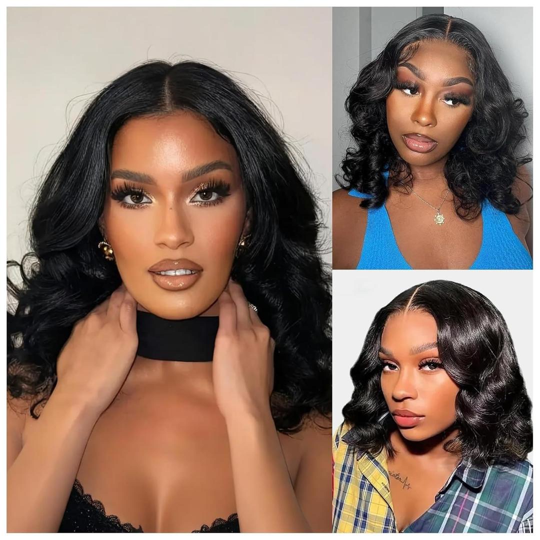 Loose Deep Wave Lace Front Bob Wigs 100% Human Hair Pre Plucked Pre Cut Body Wave 4x4 Transparent Lace Closure Wigs Wear and Go Glueless Wig for Black Women Body Wavy Curly Wig Natural Color 14 Inch, Natural Black