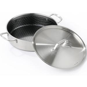 DELARLO 8 Quart Tri-Ply Stainless Steel Non Stick Braiser Pan with Lid, 13 Inch Deep Frying Pan, Large Saute Pan, Jumbo Cooker, Induction Compatible, Heavy Duty and Oven Safe