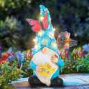 Garden Gnome Statues Outdoor Decor Solar Gnomes with Butterfly on LED Lighted Flowers, Resin Blue Gnomes Sculpture for Patio Yard Lawn Onament Decoration