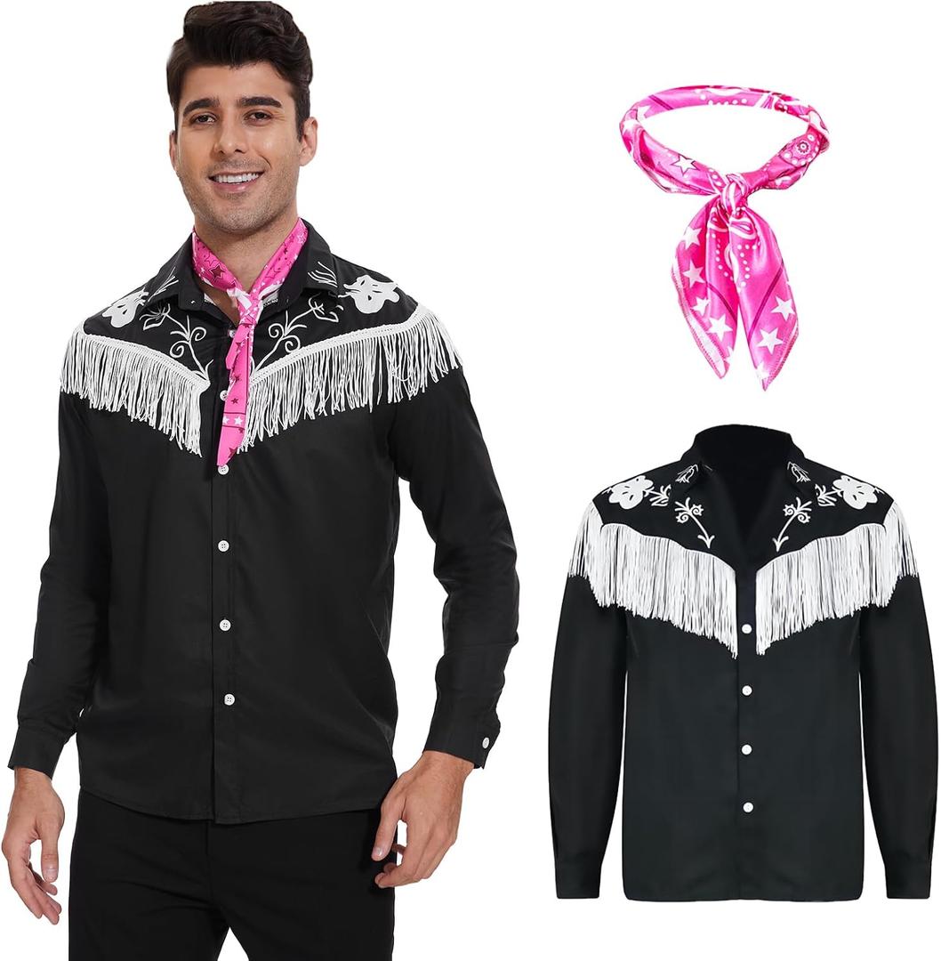 2 Pcs Cowboy Costume for Men,80s 90s Western Fringe Shirt with Scarf,Halloween Cosplay Outfit for Adult (Small, Black)