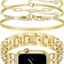 Gold Watch Band and 3Pc Bracelets Set for Women Compatible with Apple Watch 38/40/41/42mm(S10/11) Elegant Metal Strap Jewelry Chain Bracelet for iWatch Series1/2/3/4/5/6/7/8/9/10/11 SE3/2/1 (No Case)