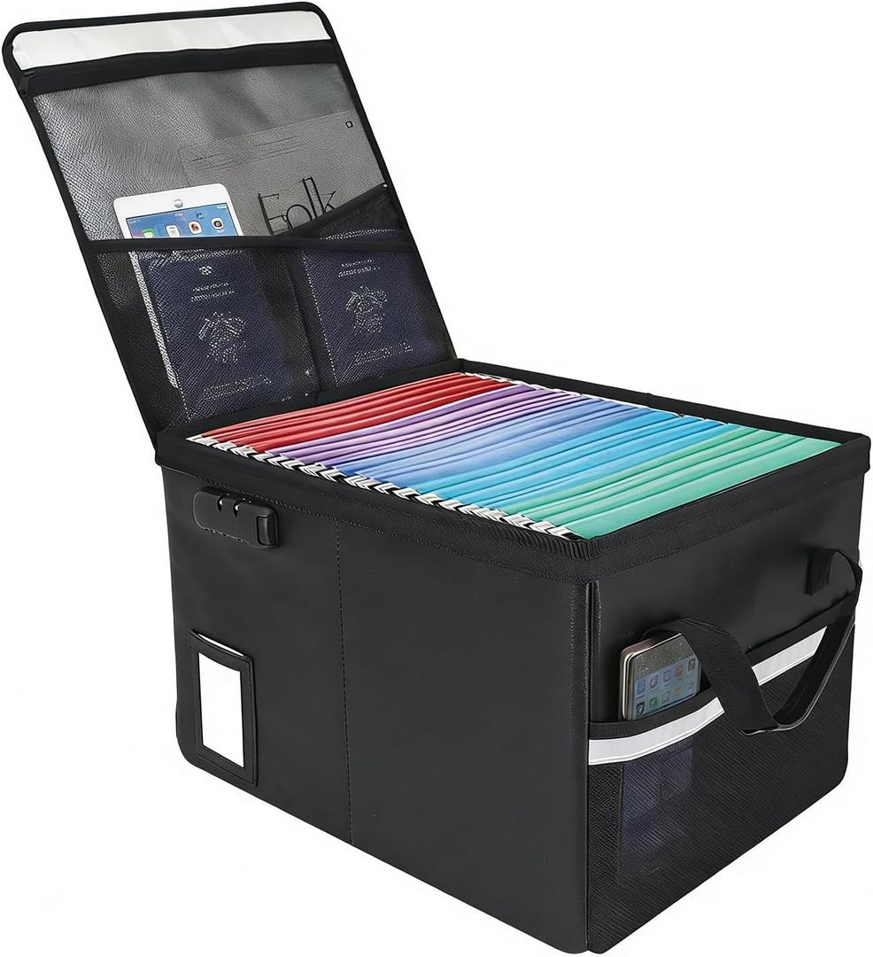 Upgraded 6400F Fireproof Document File Organizer Box, Fireproof Storage Filing Cabinet with Lock, Portable Office Safe Box for Hanging Letter/Legal Folder 16.1 x 12.9 x 11in (Black)