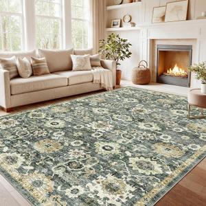 Amada 8x10 Washable Area Rug for Living Room, Green/Brown, Vintage Pattern