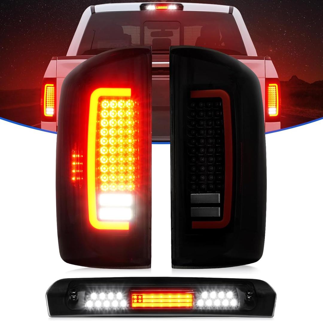 LED Tail Light + 3rd Brake Light Fit for Dodge Ram 1500 2007-2008, Fit for Dodge Ram 2500 3500 2007-2009 (Fit Halogen Type, Not Fit Factory LED Version) Rear Brake Lamp Taillight Assembly, Smoke Lens
