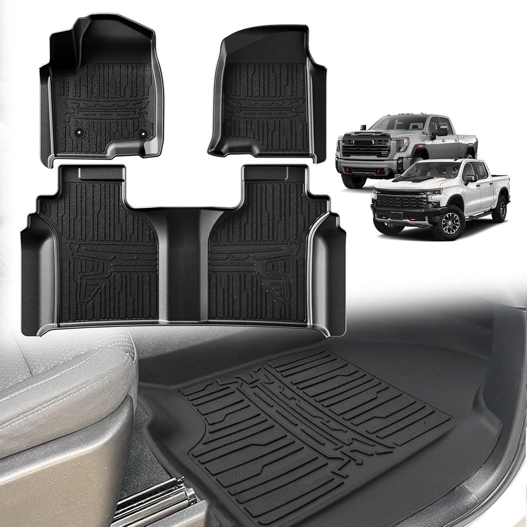 TripleAliners Floor Mats All Weather Compatible with 2019-2026 Chevy Silverado/GMC Sierra 1500 & 2020-2026 Silverado/Sierra 2500 HD/3500HD Crew Cab 1st & 2nd Row, Rear with Factory Carpeted Storage